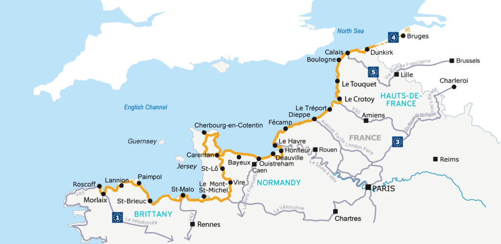 kaart Velomaritime route Duinkerken naar Roscoff